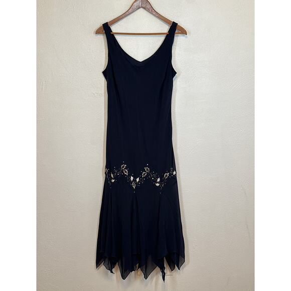 S.LFashion Dress 16 Navy Blue Embroidered Sequin 90s Whimsigoth Handkerchief Hem - Picture 1 of 10